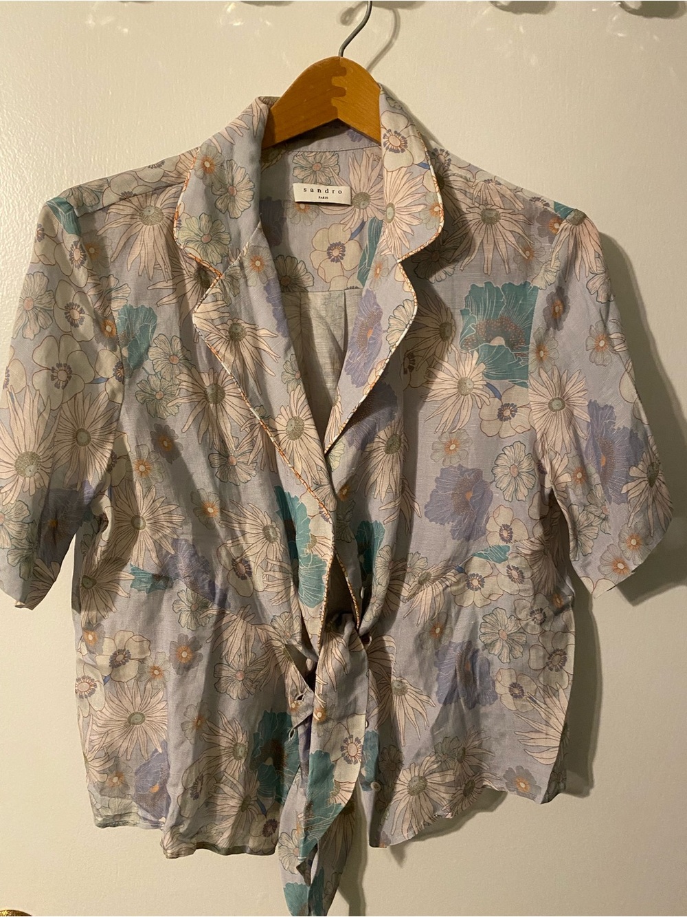 Sandro Floral Tie-Front Short Sleeve Top in Light Blue and Teal